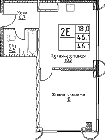 Планировка — Наметкин Тауэр, 2-комн., 46 м²