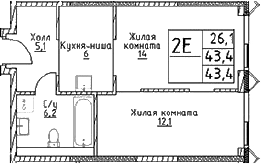Планировка — Наметкин Тауэр, 2-комн., 43 м²