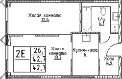 Планировка — Наметкин Тауэр, 2-комн., 43 м²