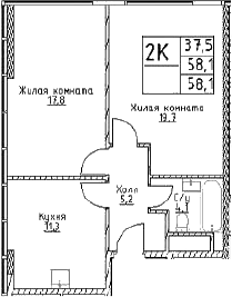 Планировка — Наметкин Тауэр, 2-комн., 58 м²