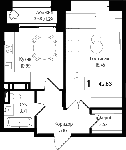 Планировка — Преображенская площадь, 1-комн., 42 м²