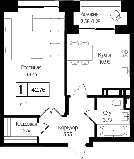 Планировка — Преображенская площадь, 1-комн., 41 м²