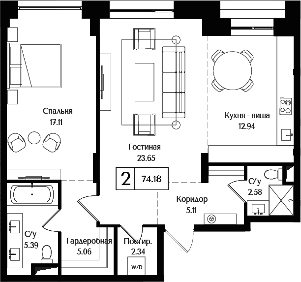 Планировка — Преображенская площадь, 2-комн., 74 м²