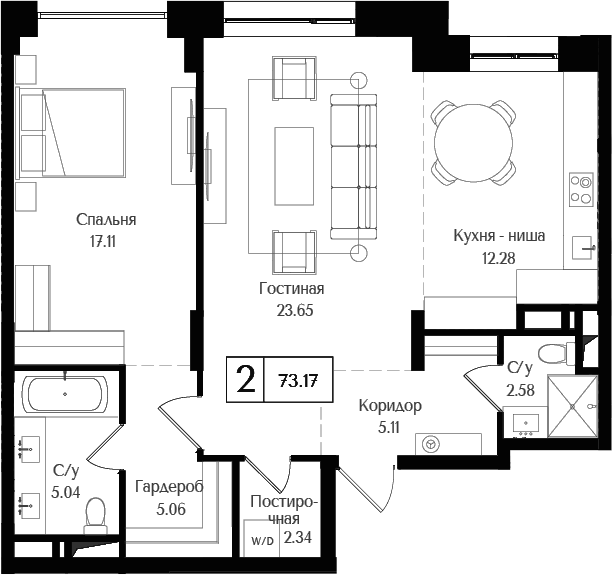 Планировка — Преображенская площадь, 2-комн., 73 м²