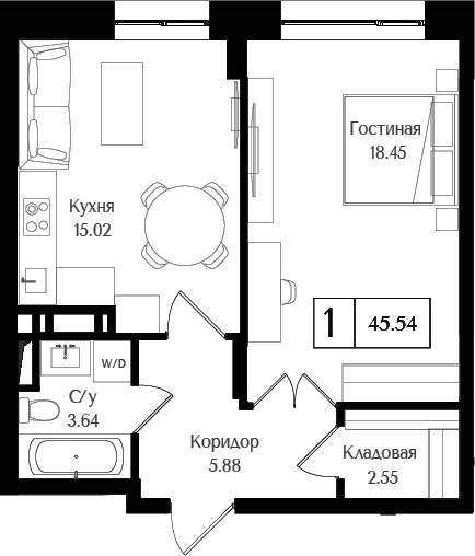 Планировка — Преображенская площадь, 1-комн., 46 м²