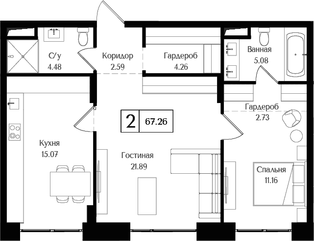 Планировка — Преображенская площадь, 2-комн., 67 м²
