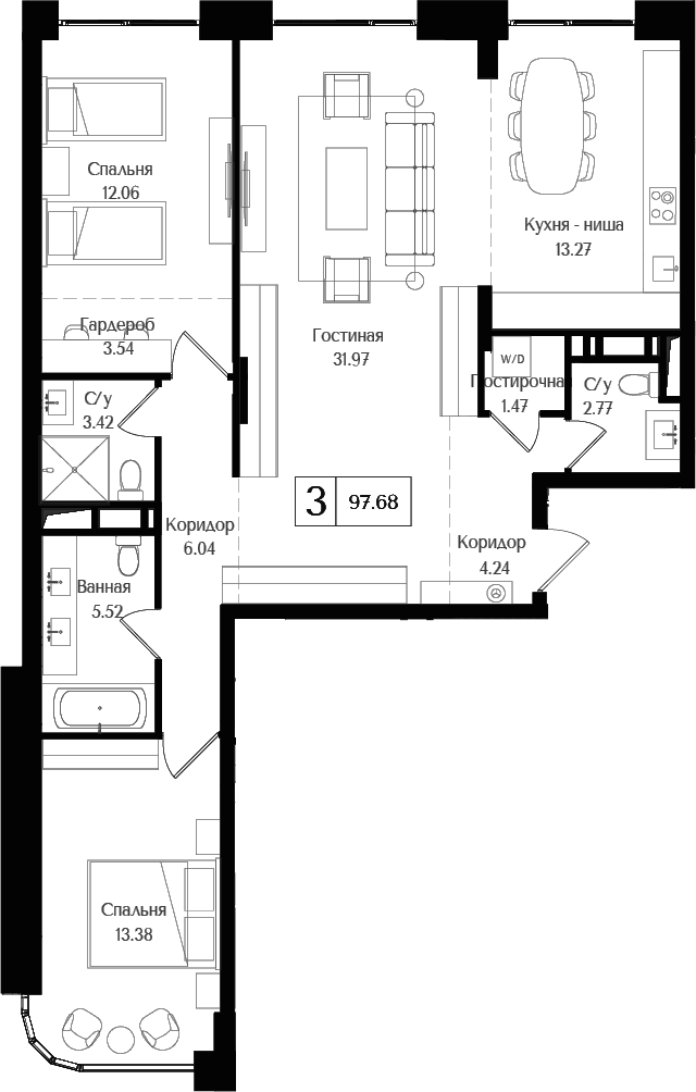 Планировка — Преображенская площадь, 3-комн., 98 м²