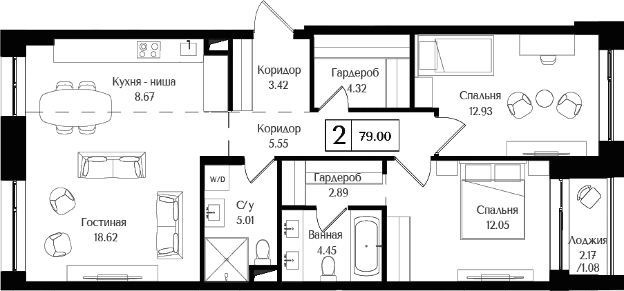 Планировка — Преображенская площадь, 3-комн., 78 м²