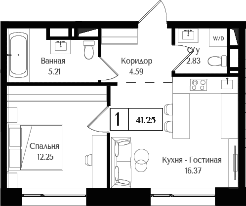 Планировка — Преображенская площадь, 1-комн., 41 м²
