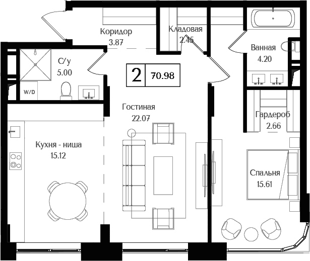 Планировка — Преображенская площадь, 2-комн., 71 м²