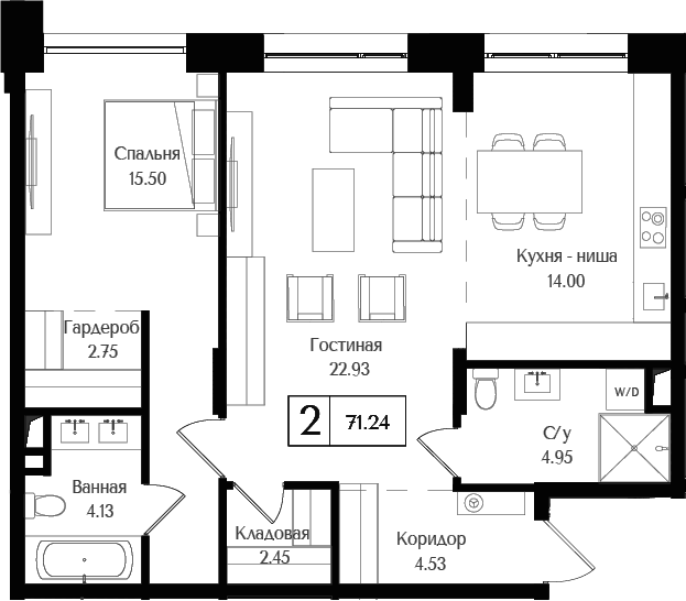 Планировка — Преображенская площадь, 2-комн., 71 м²
