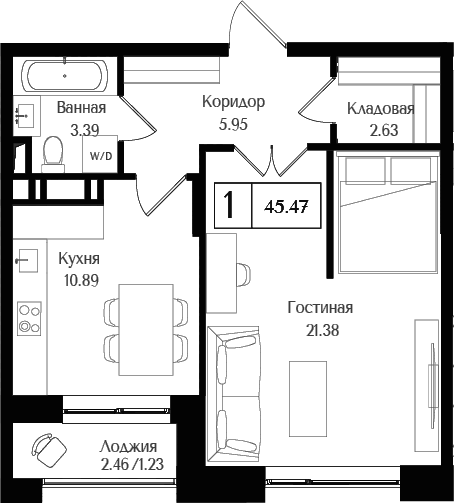 Планировка — Преображенская площадь, 1-комн., 44 м²