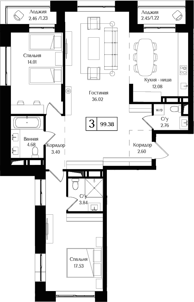 Планировка — Преображенская площадь, 3-комн., 97 м²