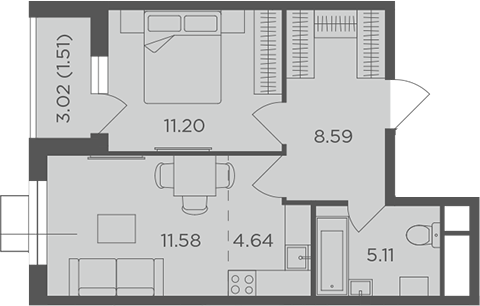 Планировка — Одинград, квартал Семейный, 2-комн., 41 м²