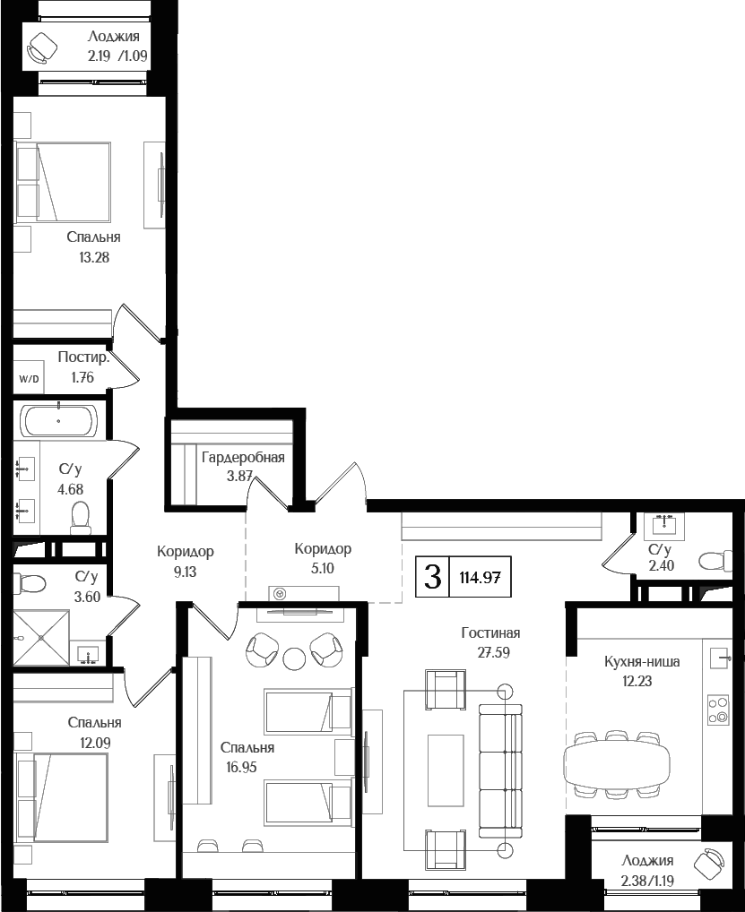 Планировка — Преображенская площадь, 4-комн., 113 м²