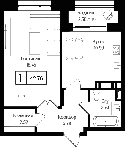 Планировка — Преображенская площадь, 1-комн., 41 м²
