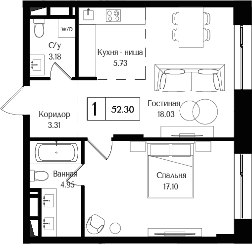 Планировка — Преображенская площадь, 2-комн., 52 м²