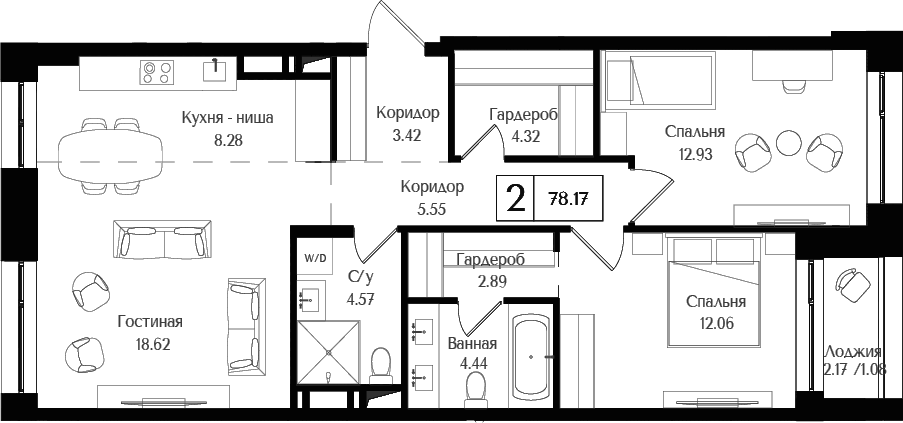 Планировка — Преображенская площадь, 3-комн., 77 м²