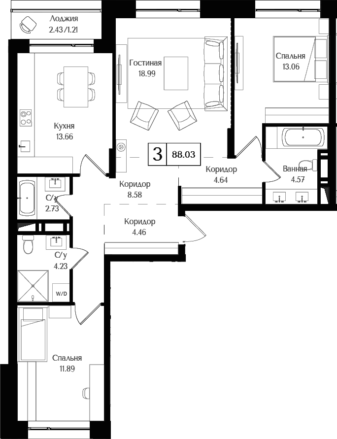 Планировка — Преображенская площадь, 3-комн., 87 м²