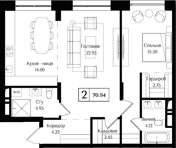 Планировка — Преображенская площадь, 2-комн., 71 м²
