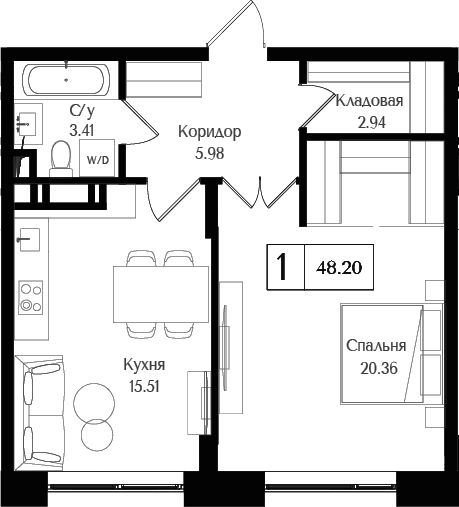 Планировка — Преображенская площадь, 1-комн., 48 м²