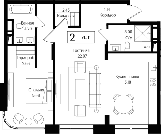 Планировка — Преображенская площадь, 2-комн., 71 м²