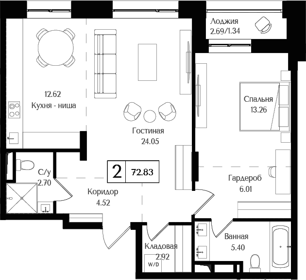 Планировка — Преображенская площадь, 2-комн., 71 м²