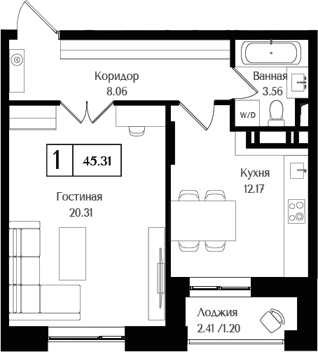 Планировка — Преображенская площадь, 1-комн., 44 м²