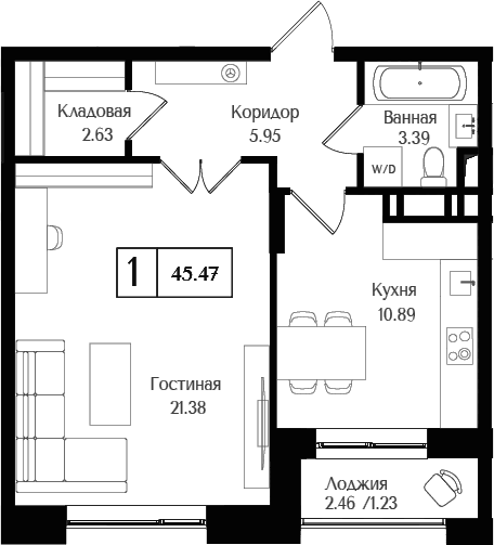 Планировка — Преображенская площадь, 1-комн., 44 м²