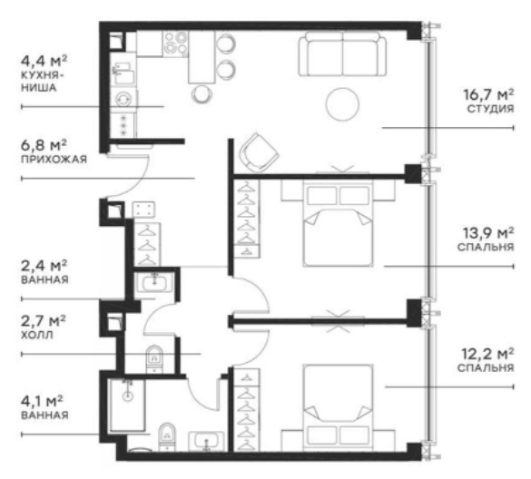 Планировка — Симфония 34, 3-комн., 64 м²