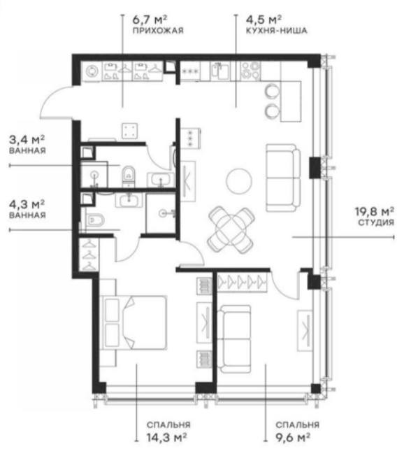 Планировка — Симфония 34, 3-комн., 61 м²