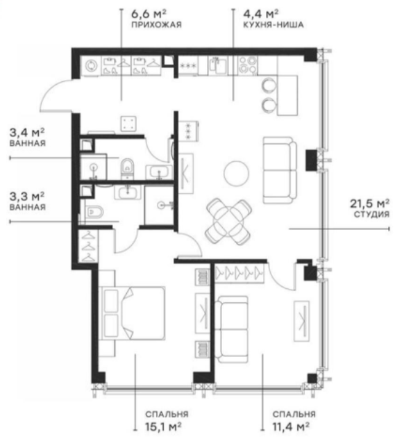Планировка — Симфония 34, 3-комн., 64 м²