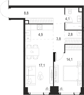 Планировка — Левел Мичуринский, 2-комн., 56 м²