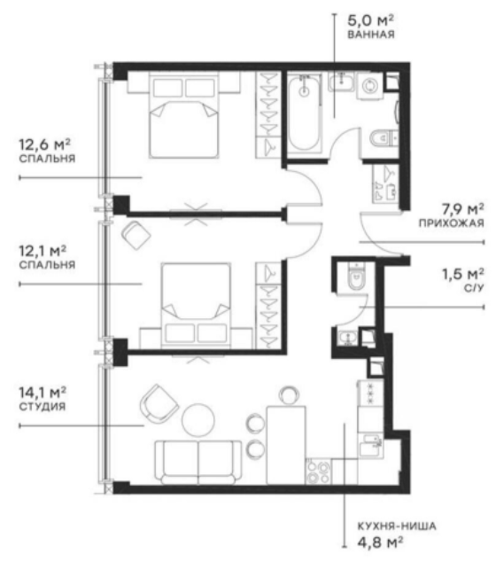 Планировка — Симфония 34, 3-комн., 58 м²
