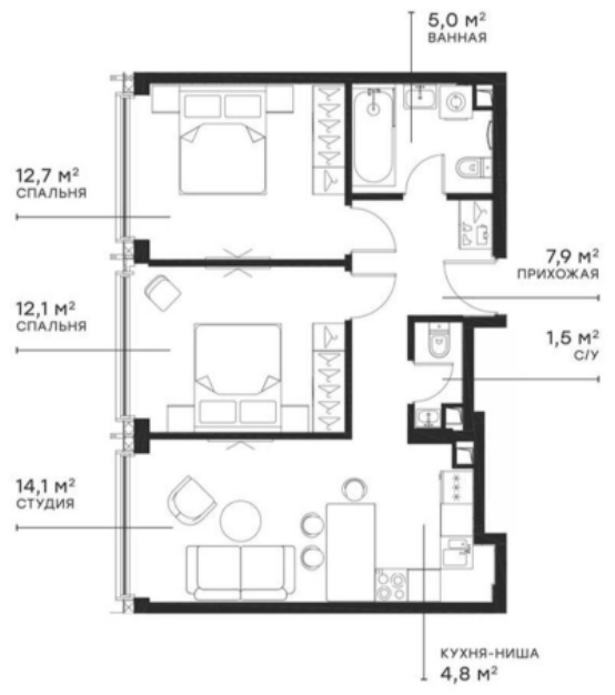 Планировка — Симфония 34, 3-комн., 58 м²