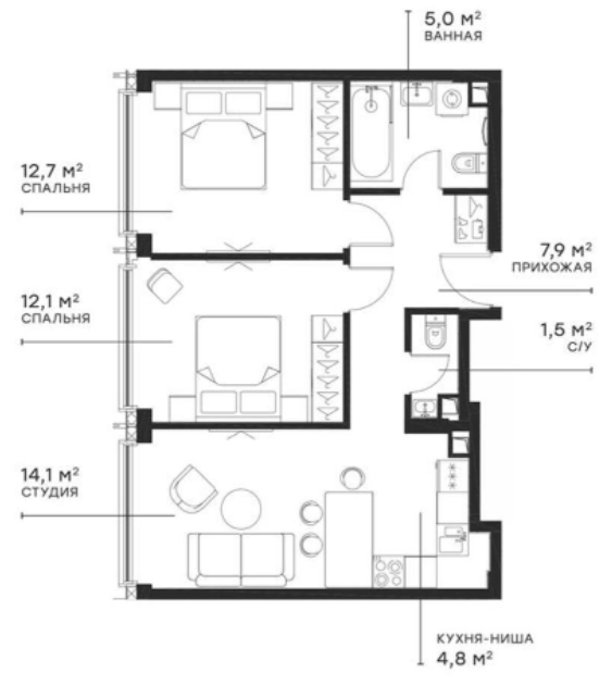 Планировка — Симфония 34, 3-комн., 58 м²