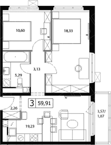 Планировка — У реки.Эко Видное 2.0, 3-комн., 59 м²