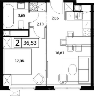 Планировка — У реки.Эко Видное 2.0, 2-комн., 37 м²