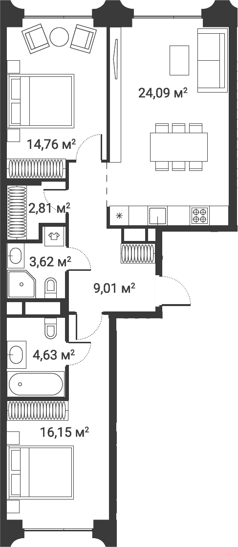 Планировка — Первый Нагатинский, 3-комн., 75 м²