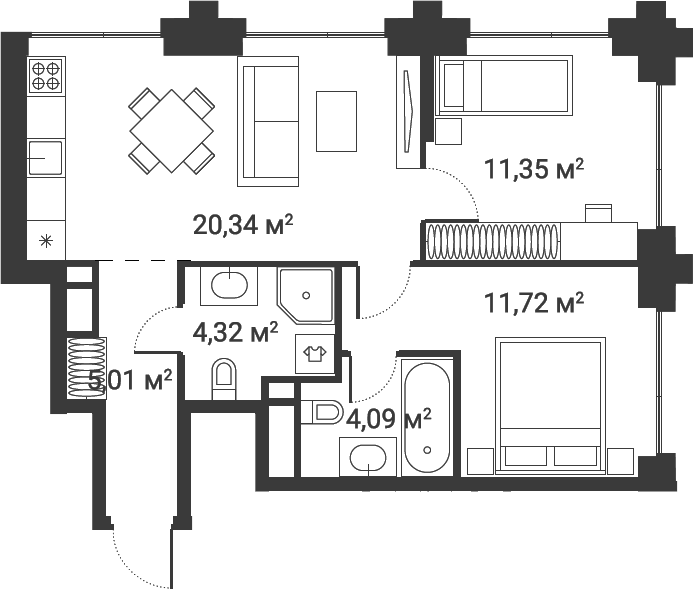 Планировка — Первый Нагатинский, 3-комн., 57 м²
