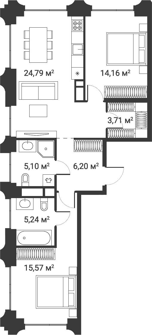 Планировка — Первый Нагатинский, 3-комн., 75 м²