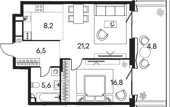 Планировка — Клубный город на реке Primavera, 2-комн., 58 м²
