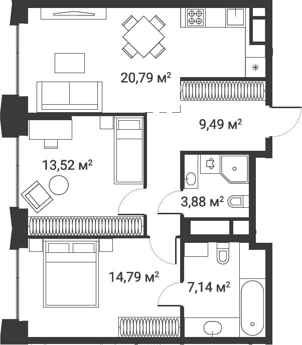 Планировка — Первый Нагатинский, 3-комн., 70 м²