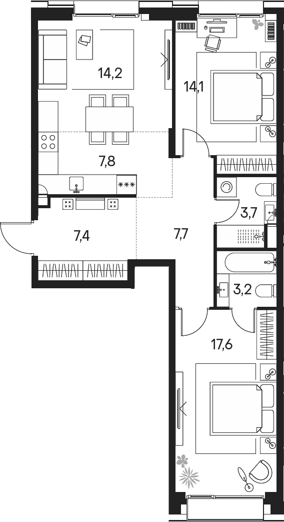 Планировка — Клубный город на реке Primavera, 3-комн., 76 м²