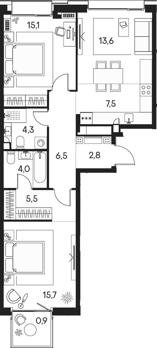 Планировка — Клубный город на реке Primavera, 3-комн., 75 м²
