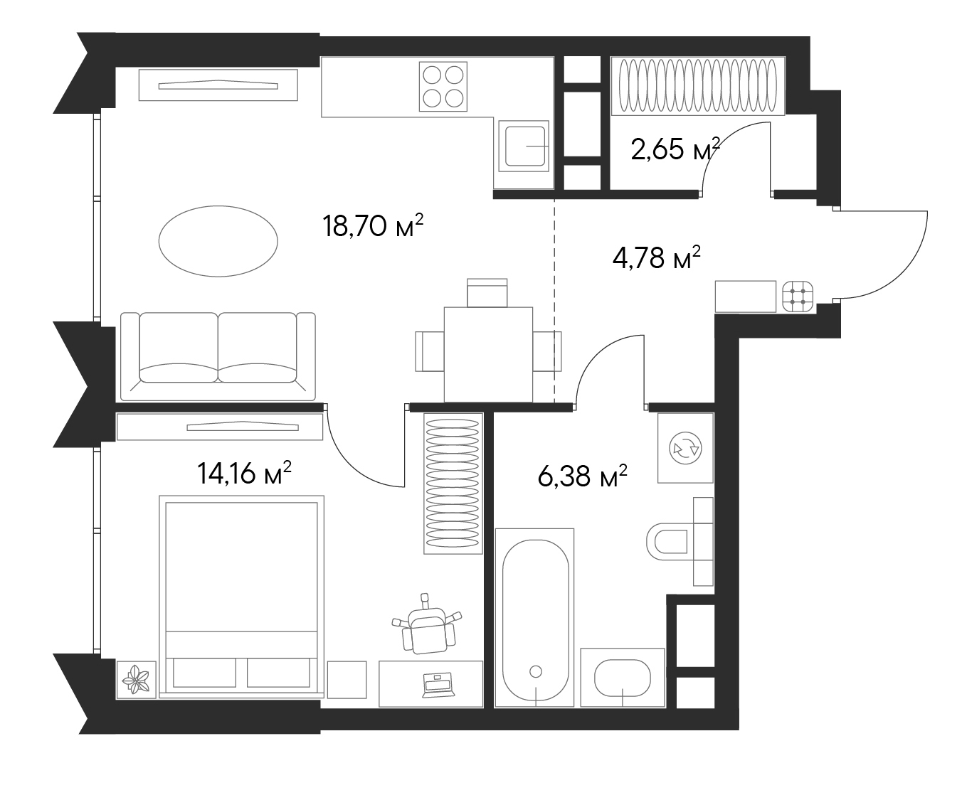 Планировка — Первый Нагатинский, 1-комн., 46 м²