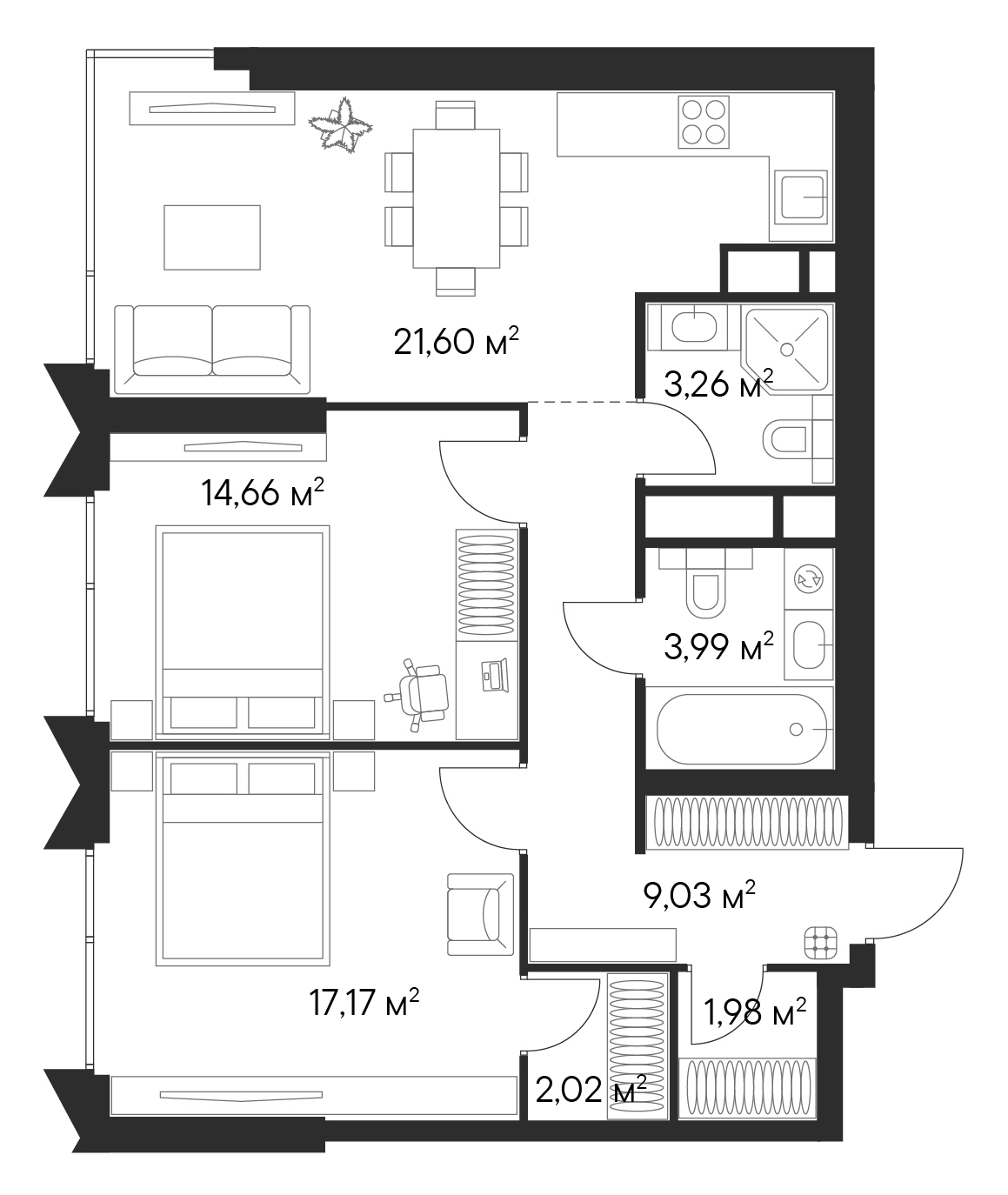 Планировка — Первый Нагатинский, 3-комн., 75 м²