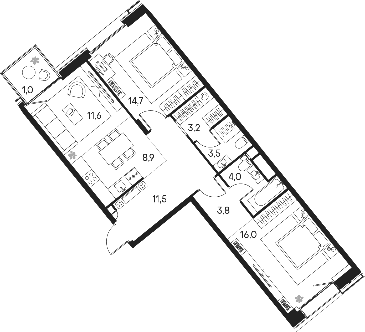 Планировка — Клубный город на реке Primavera, 3-комн., 77 м²