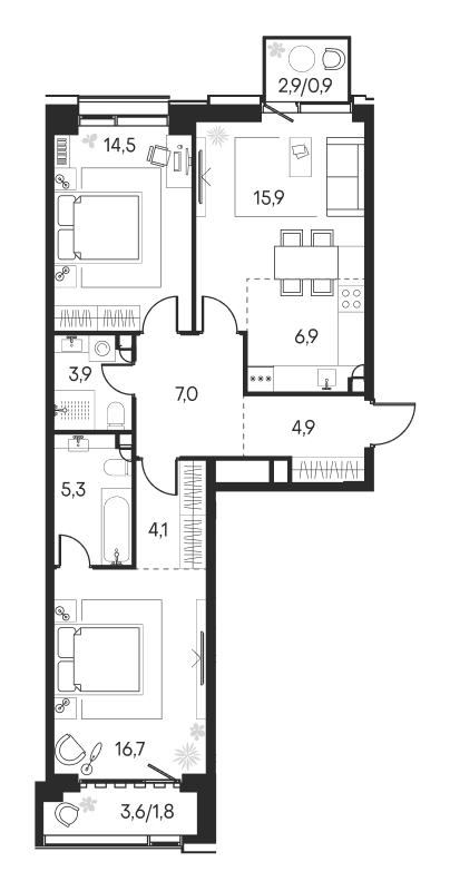 Планировка — Клубный город на реке Primavera, 3-комн., 79 м²