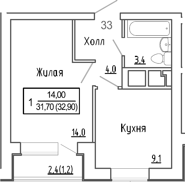 Планировка — Новое Замитино, 1-комн., 31 м²